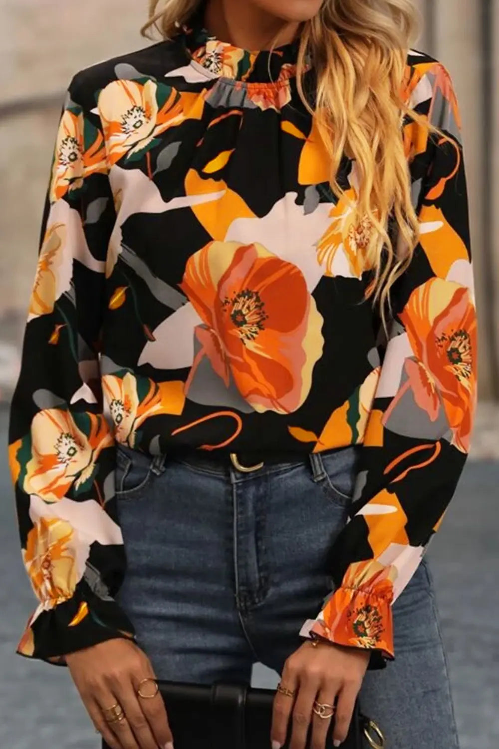 Women's Black Floral Mock Neck Flounce Sleeve Blouse - Black