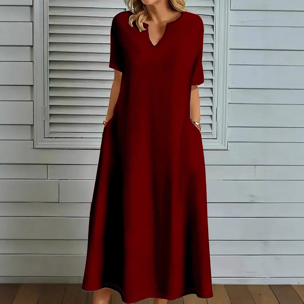 Women's Solid-Color V-Neck Summer Dress