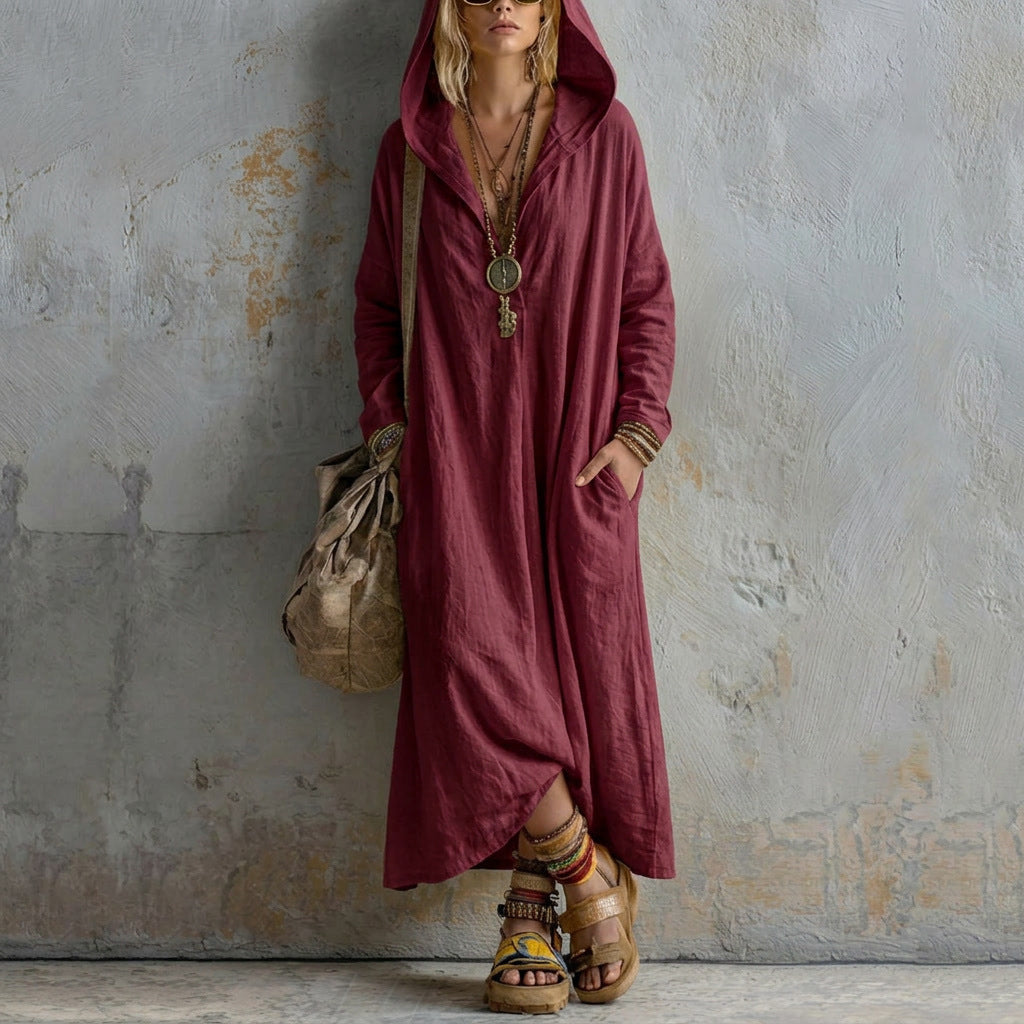 Women's Solid Color Long Hooded Cotton Linen Dress, Loose Bohemian Style Women's Clothing - Burgundy