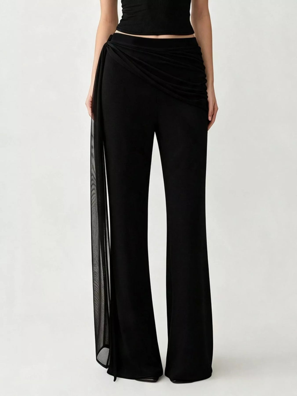 Women's Black Draped Mesh Flare Pants - Black