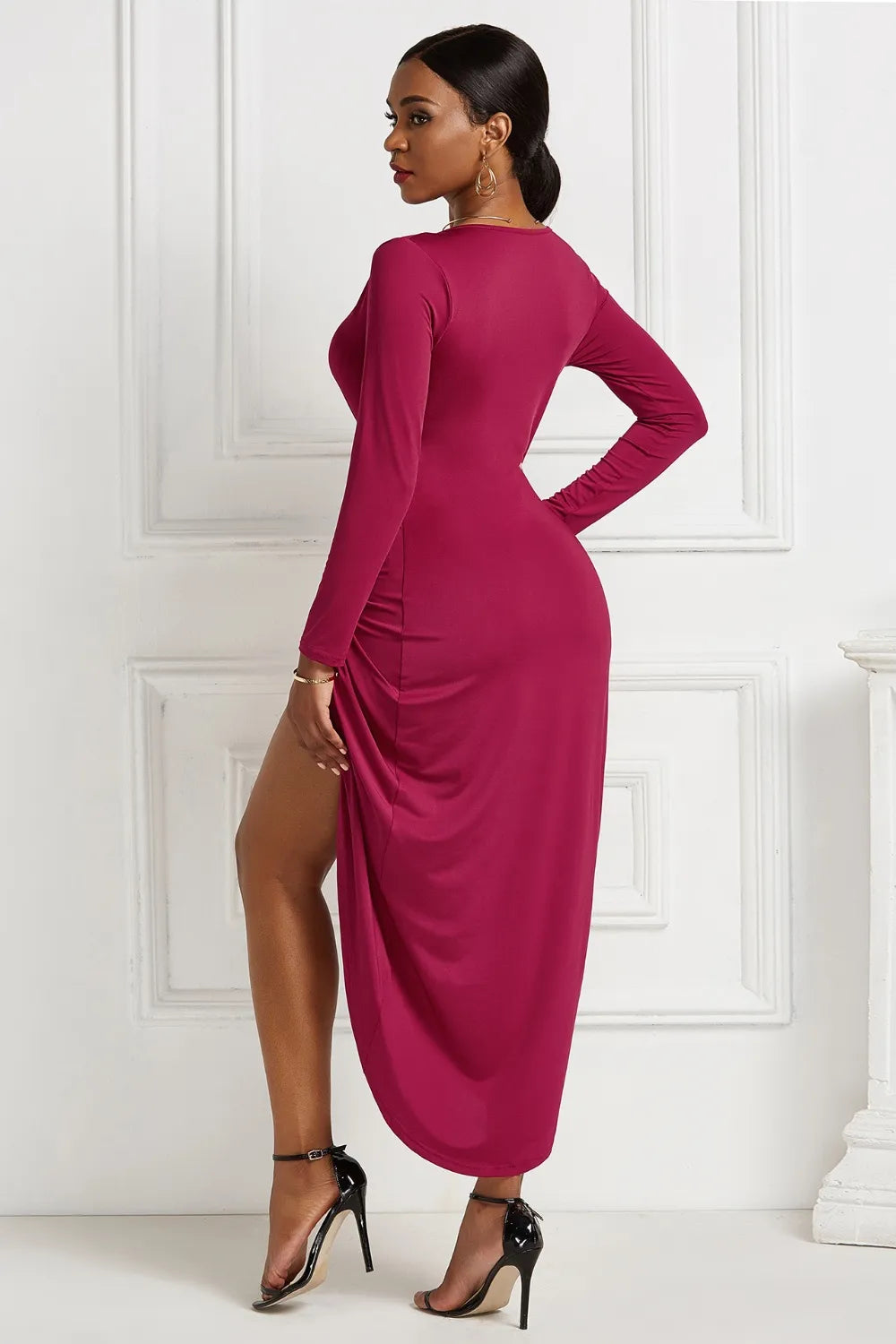 Women's High-low Ruched Surplice Long Sleeve Dress