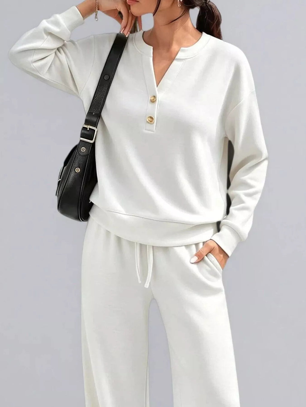 Women's Button Detail Dropped Shoulder Top and Pants Set