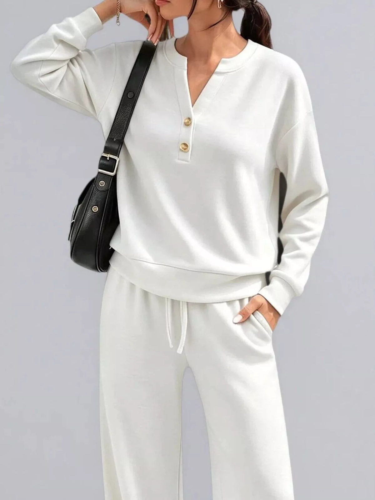 Women's Button Detail Dropped Shoulder Top and Pants Set