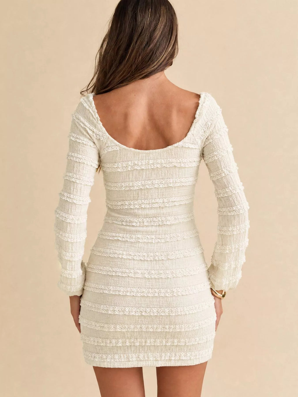 Women's Apricot Textured Long-Sleeve Bodycon Mini Dress with Tie-Front - Apricot