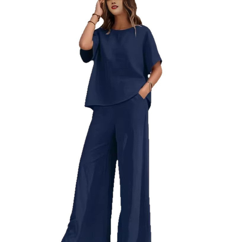 Women's Solid-color Casual Round-neck Short-sleeve And Long-pants Set