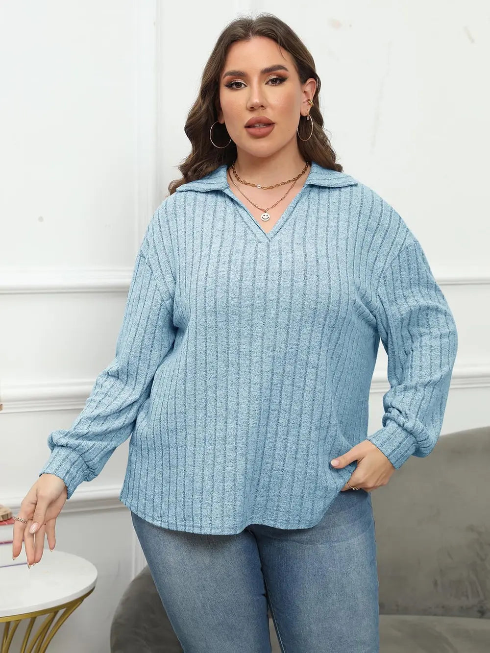 Women's Ribbed Collared Neck Long Sleeve Blouse, Plus Size