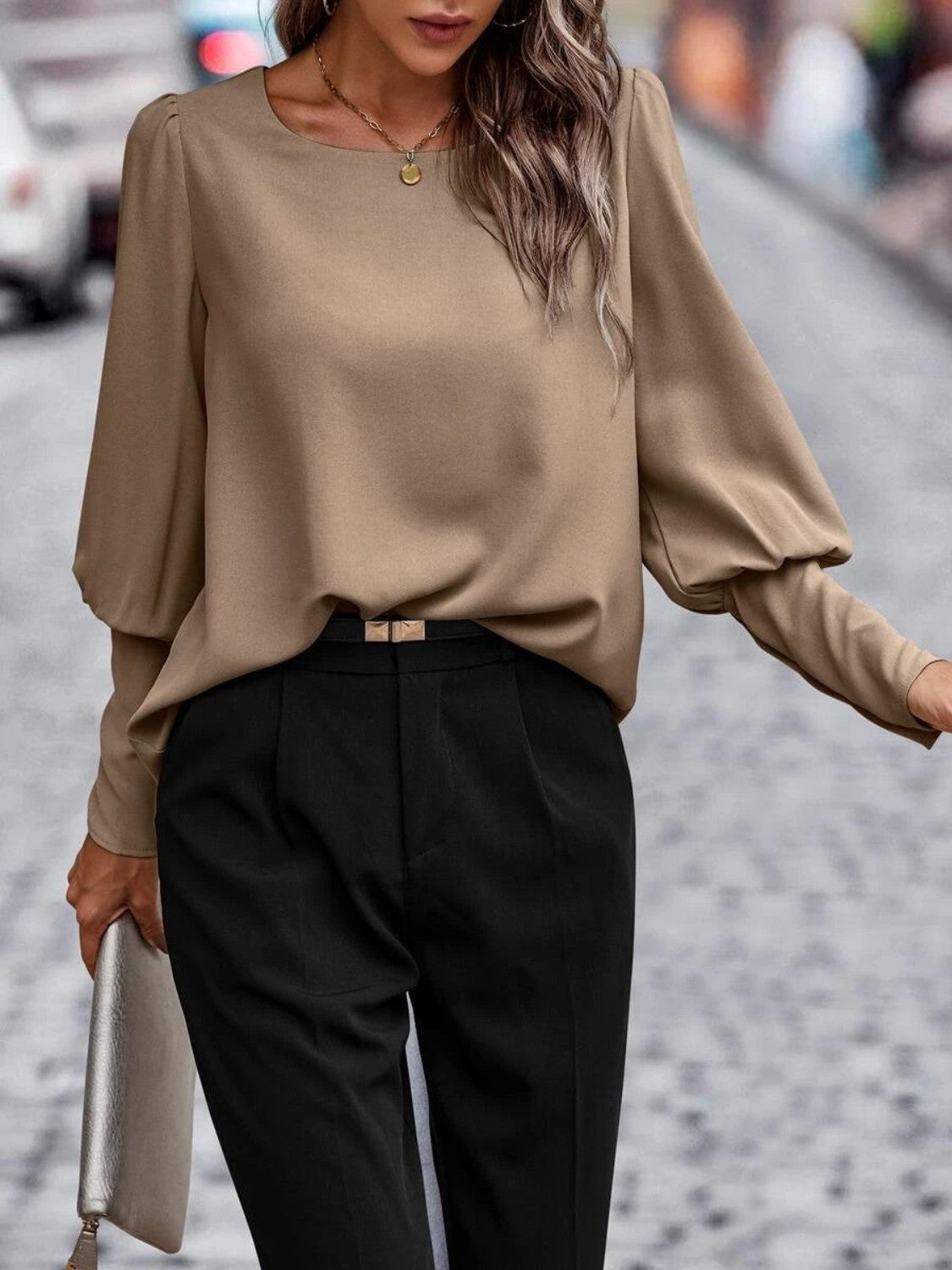Women's Round Neck Lantern Sleeve Blouse - Taupe