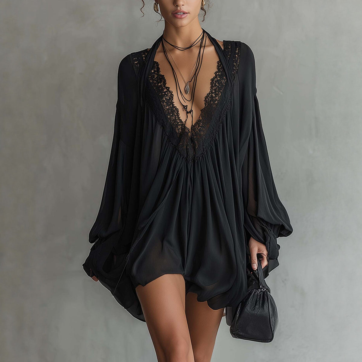Black Sexy Lace-Panel V-Neck Halterneck Dress