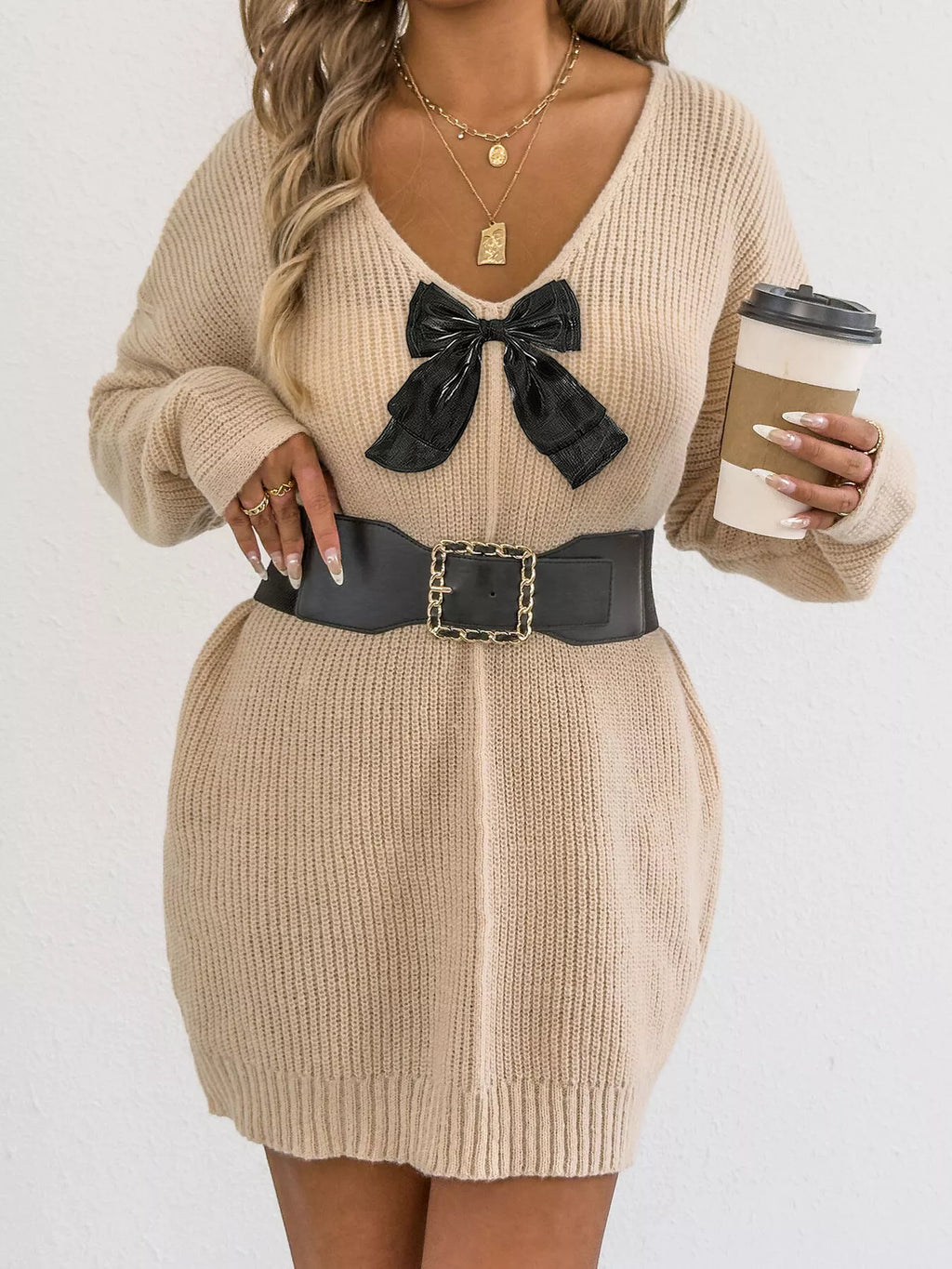 Women's Bow Ribbed Knit Sweater Dress