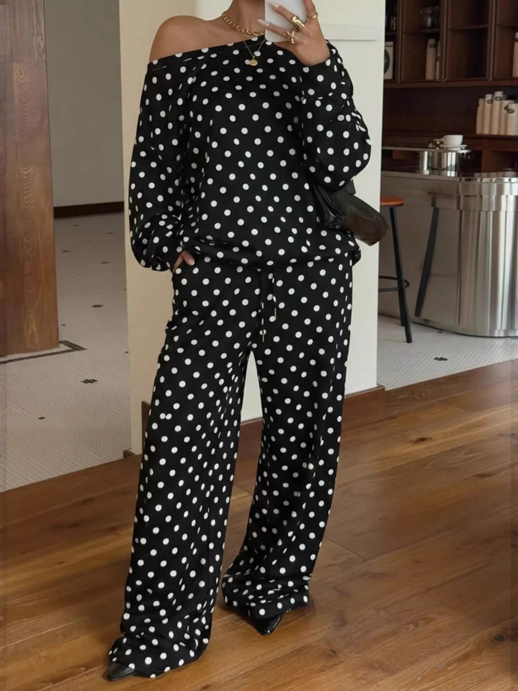 Women's Polka Dot Boat Neck Top and Pants Set - Black