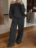 Women's Polka Dot Boat Neck Top and Pants Set - Black