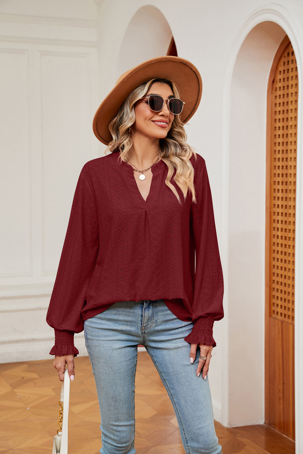 Women's Notched Neck Flounce Sleeve Blouse
