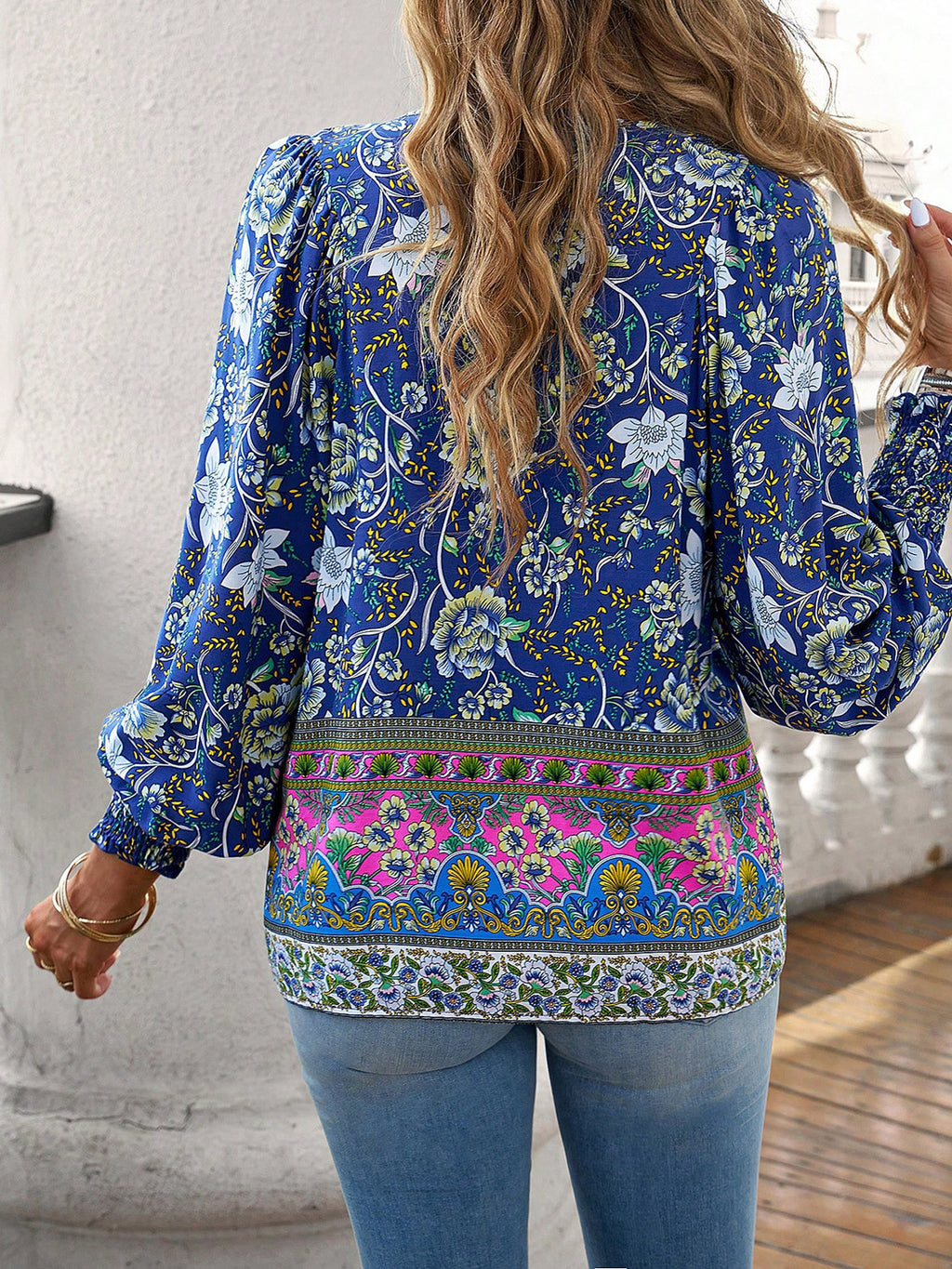 Women's Bohemian Tie Neck Lantern Sleeve Blouse