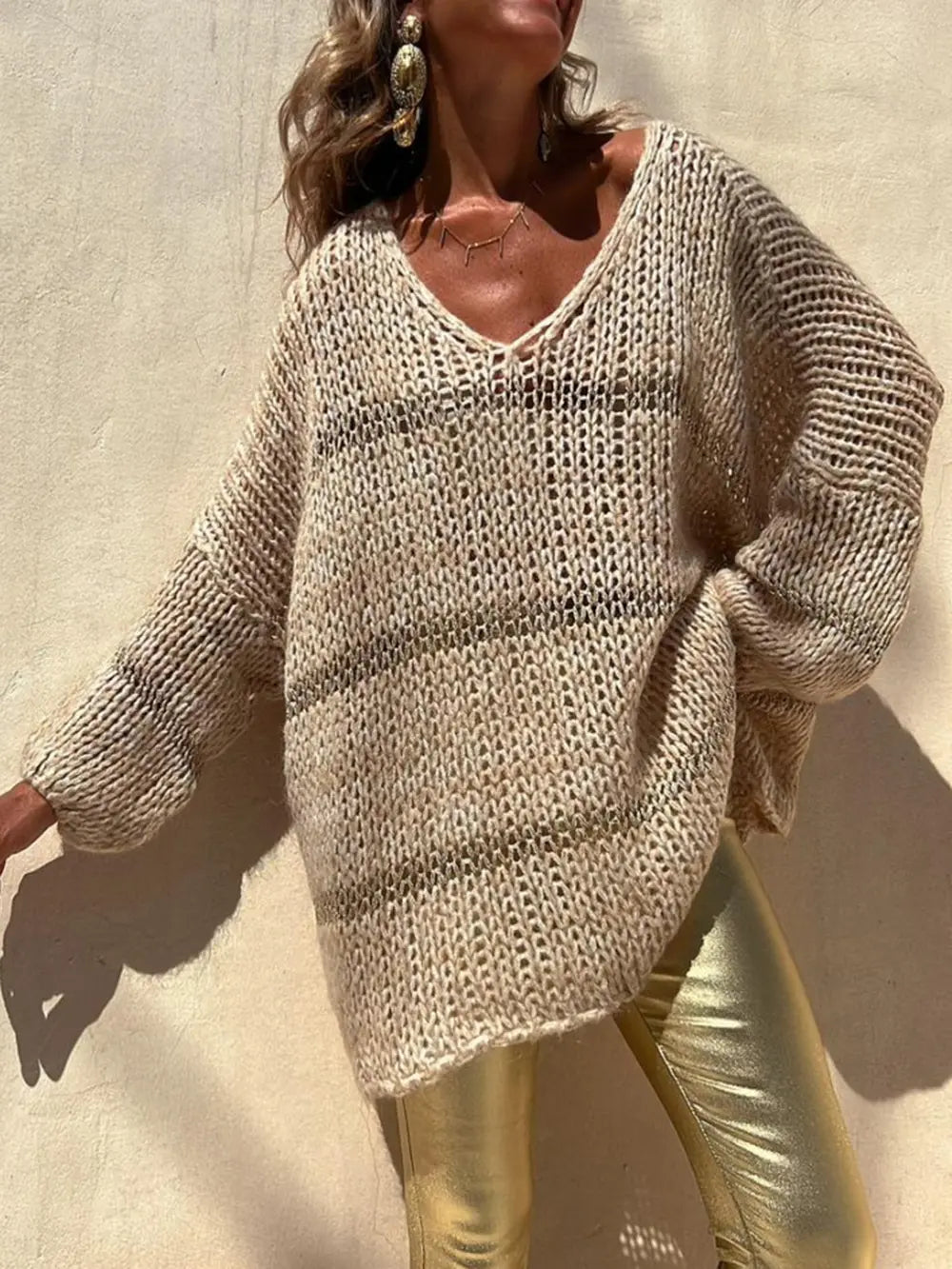 Women's Openwork V-Neck Long Sleeve Sweater - Light Yellow