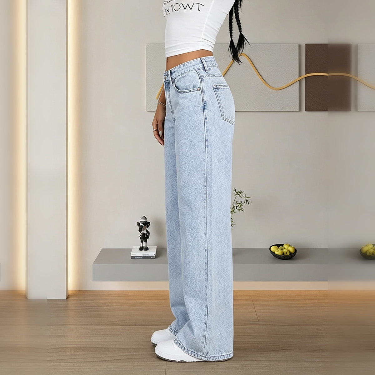 Women's Light Acid Wash Low Waist Wide Leg Jeans, Casual Loose Denim Pants With Pockets