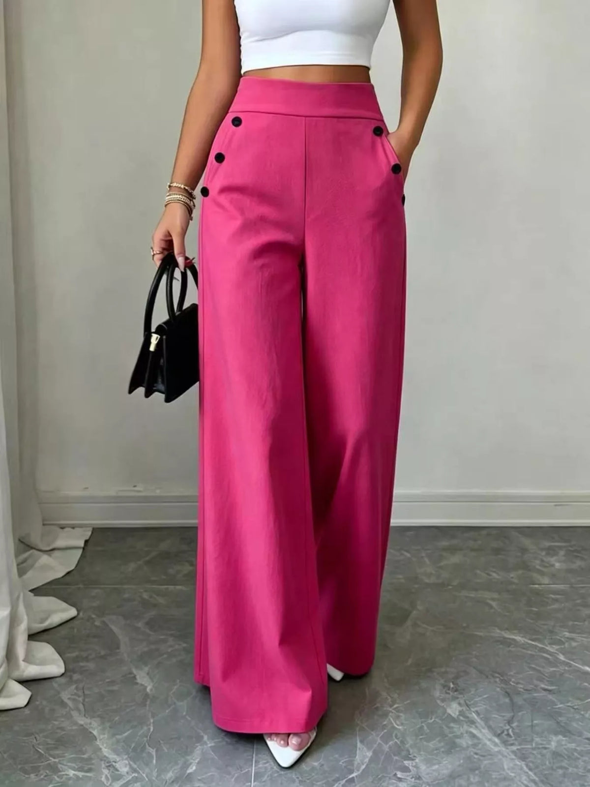 Women's High-Waisted Wide-Leg Pants - Fuchsia Pink