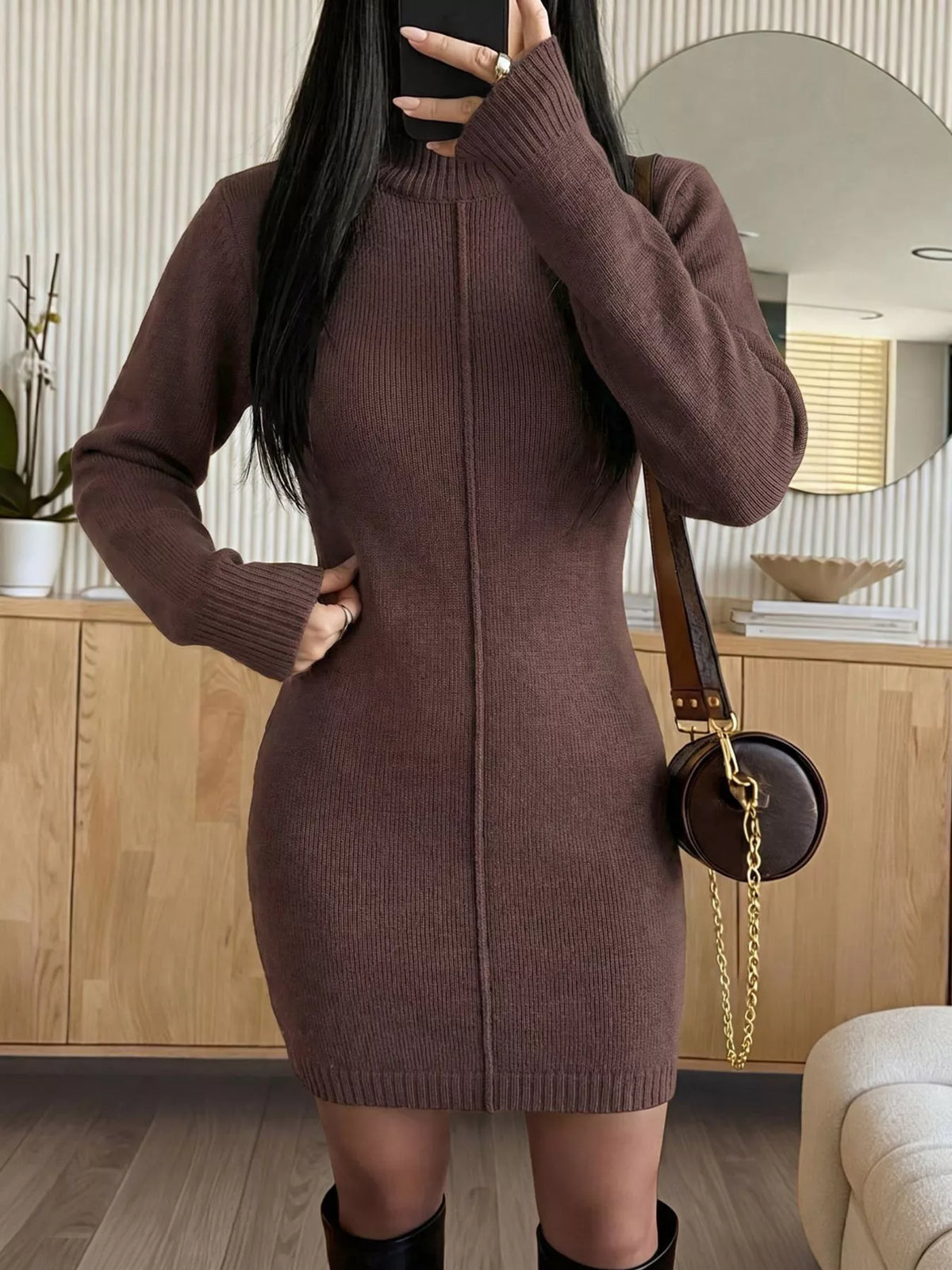Women's Brown Turtleneck Ribbed Knit Sweater Dress - Brown