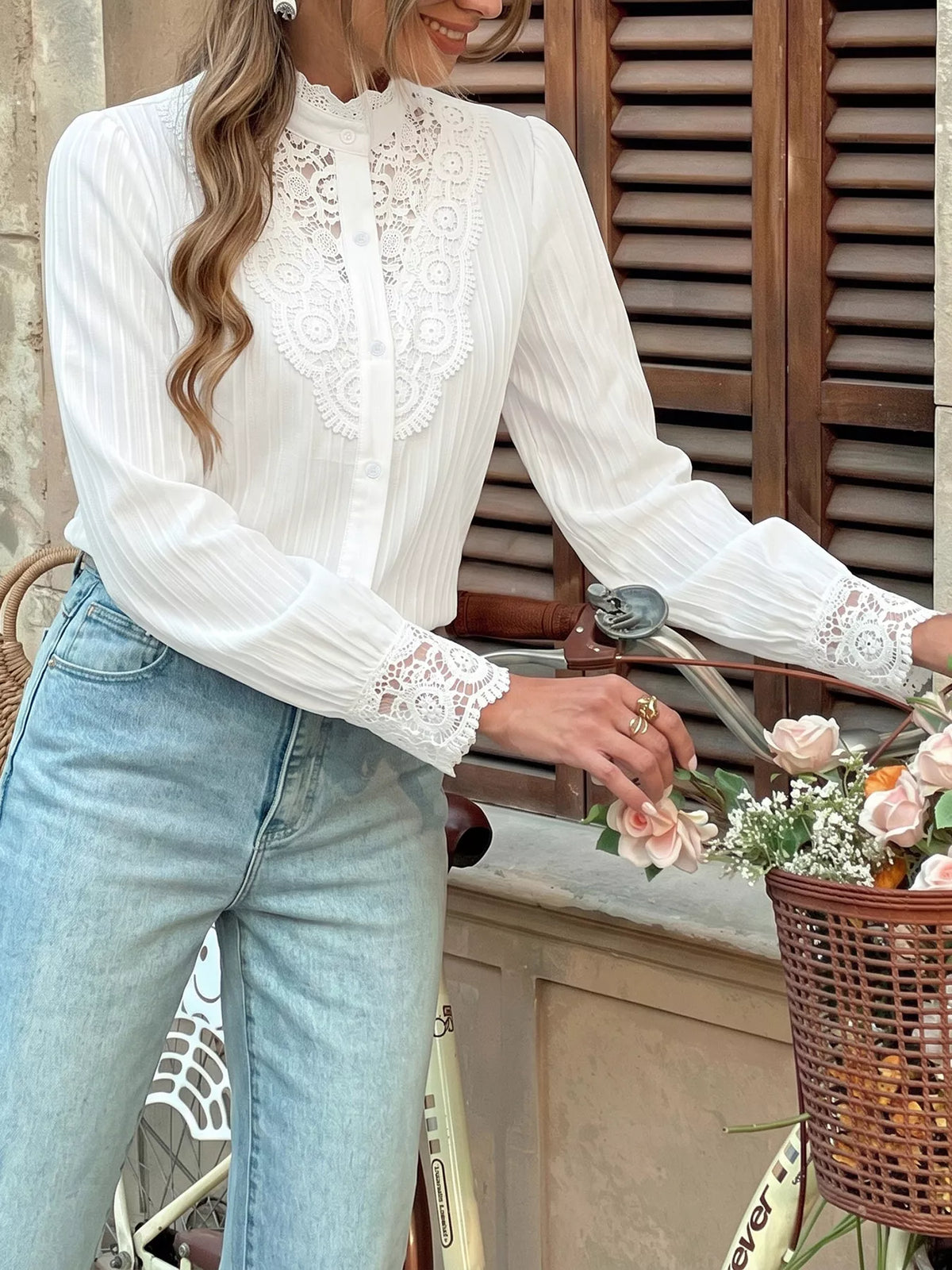 Women's White Lace Detail Long Sleeve Shirt - White