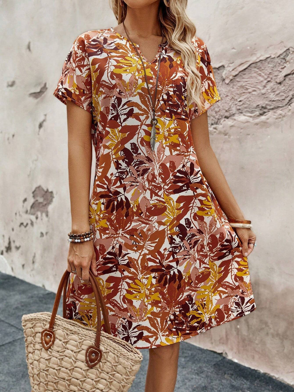 Hot Sale Dress Spring And Summer New Flower Printing Notch Neckline Dress