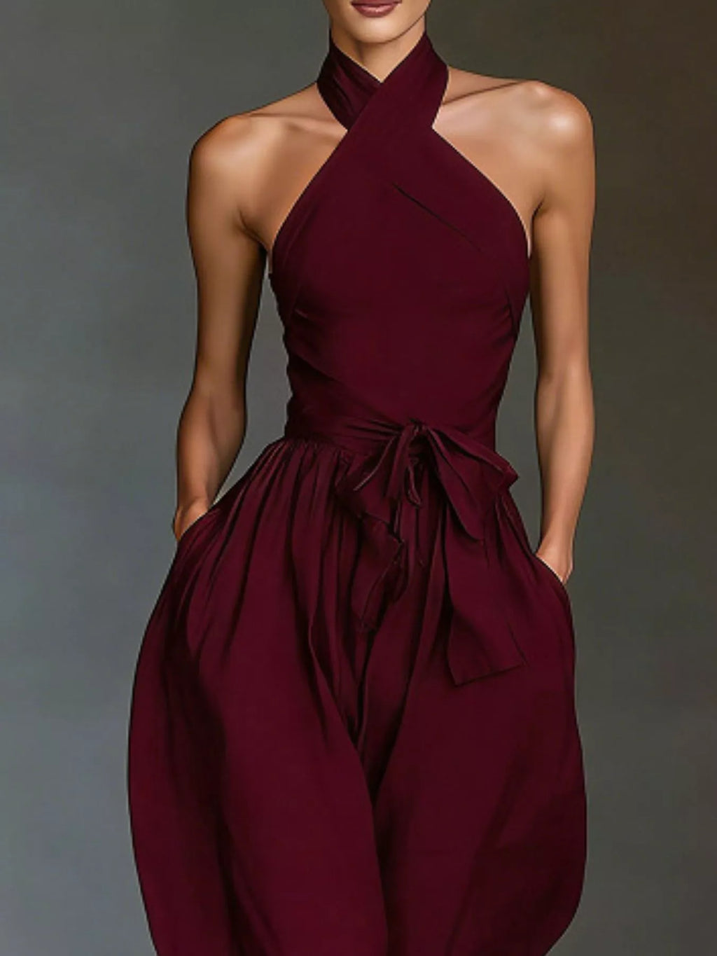 Women's Halter Neck Wide-Leg Jumpsuit with Waist-Tie Detail