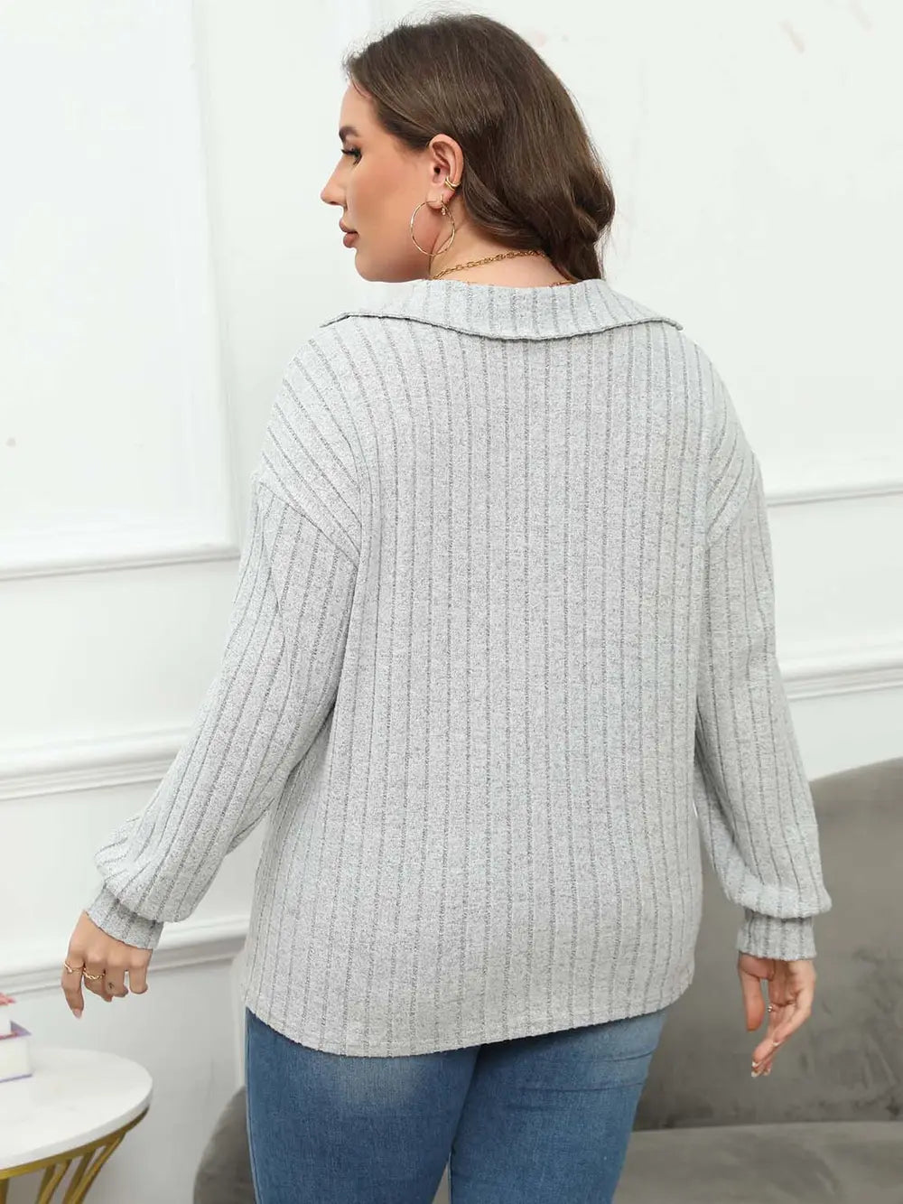 Women's Ribbed Collared Neck Long Sleeve Blouse, Plus Size