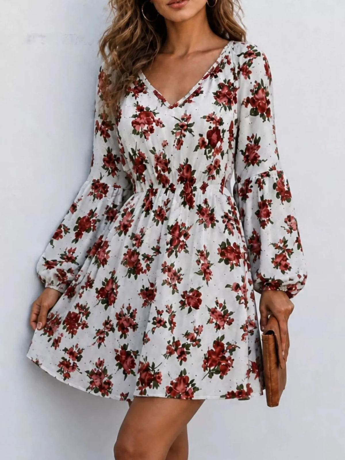 Floral Print V-Neck Long Sleeve Mini Dress