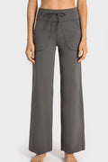 Women's Drawstring Waist Wide Leg Sports Pants with Pockets - Gray