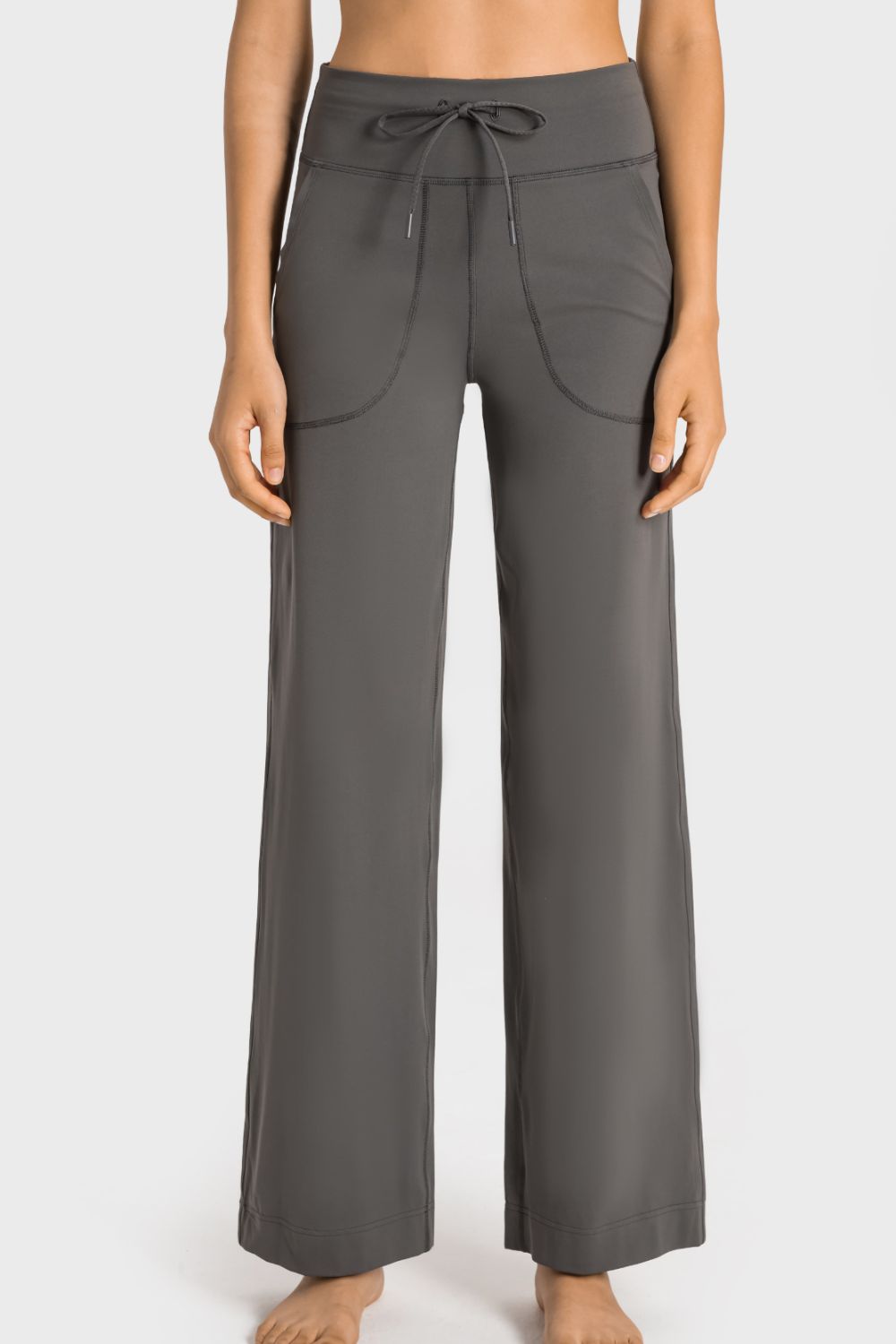 Women's Drawstring Waist Wide Leg Sports Pants with Pockets - Gray