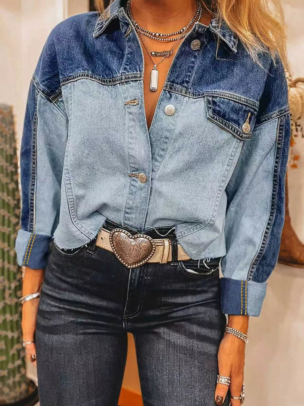 Women's Blue Raw Hem Two-Tone Denim Jacket - Blue