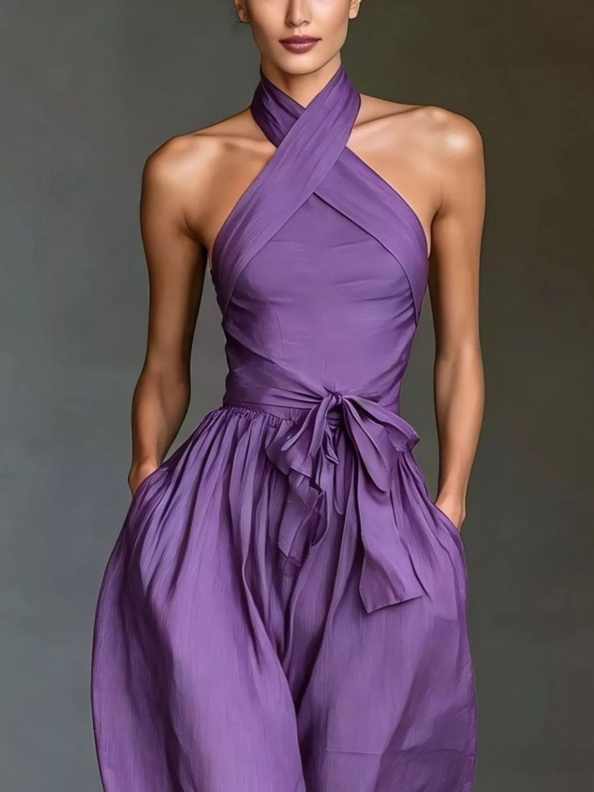 Women's Halter Neck Wide-Leg Jumpsuit with Waist-Tie Detail