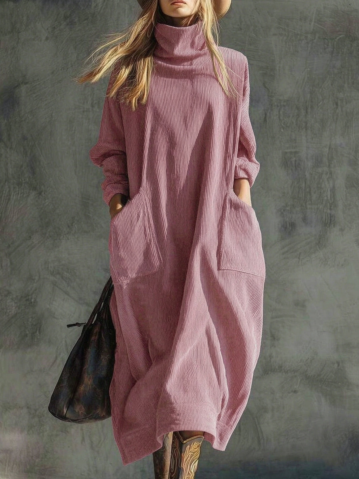 Corduroy Slimming Long Dress With Two Pockets For Women