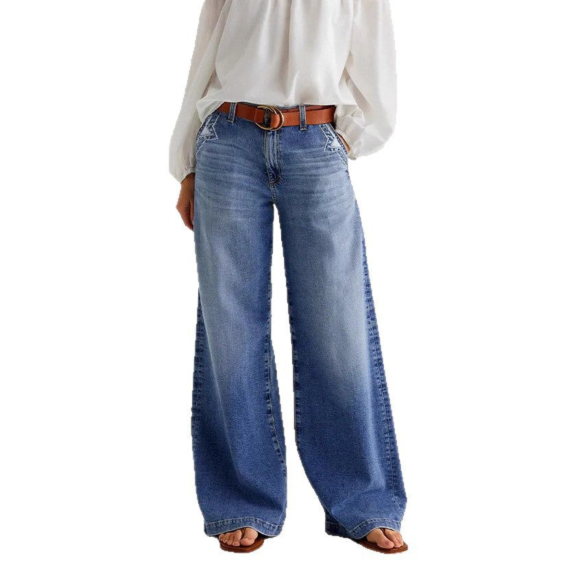 Standard Jeans Wide-Leg Embroidered Mid-Waist Denim Pants