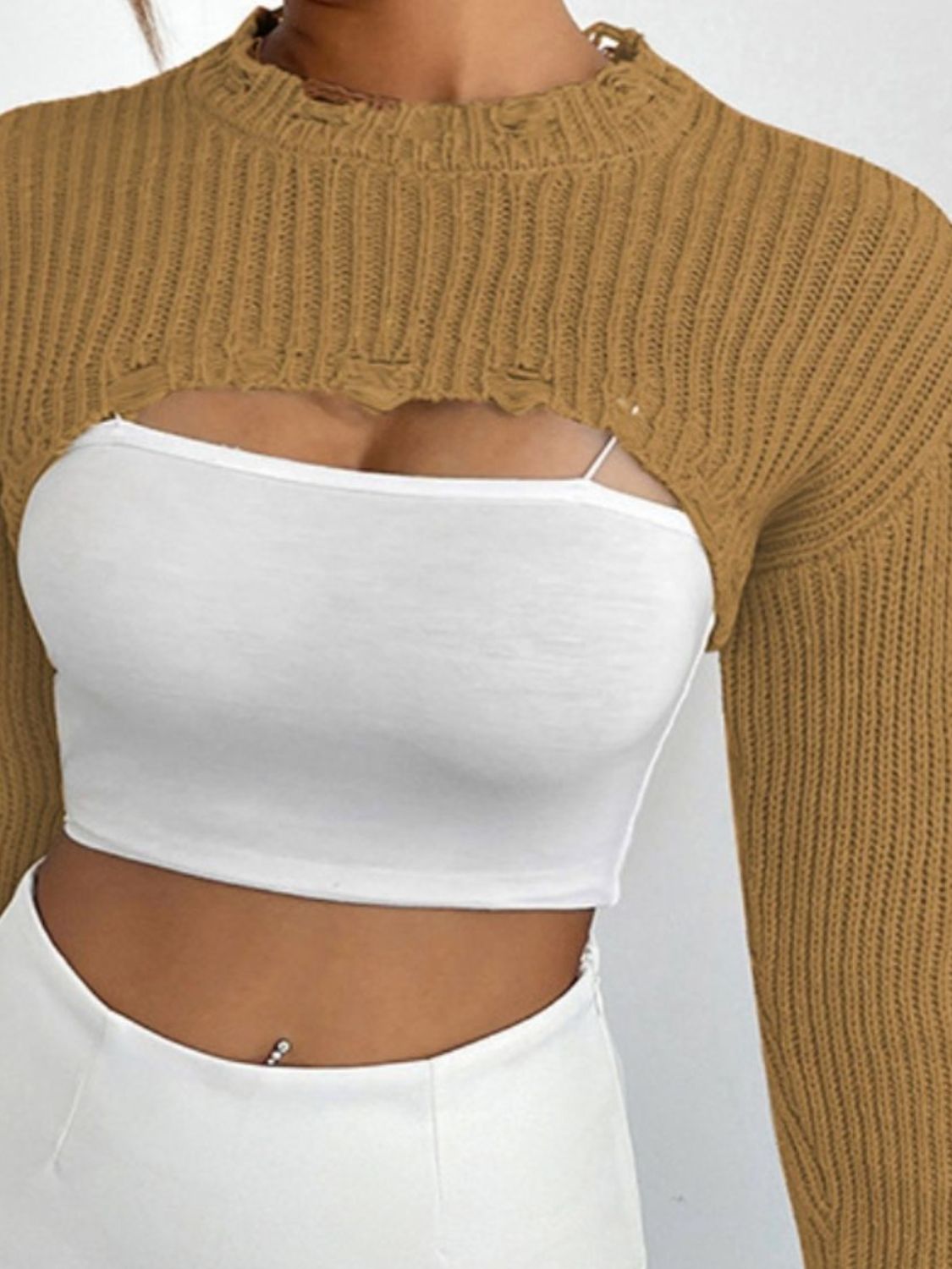 Women's Distressed Long Sleeve Cropped Sweater