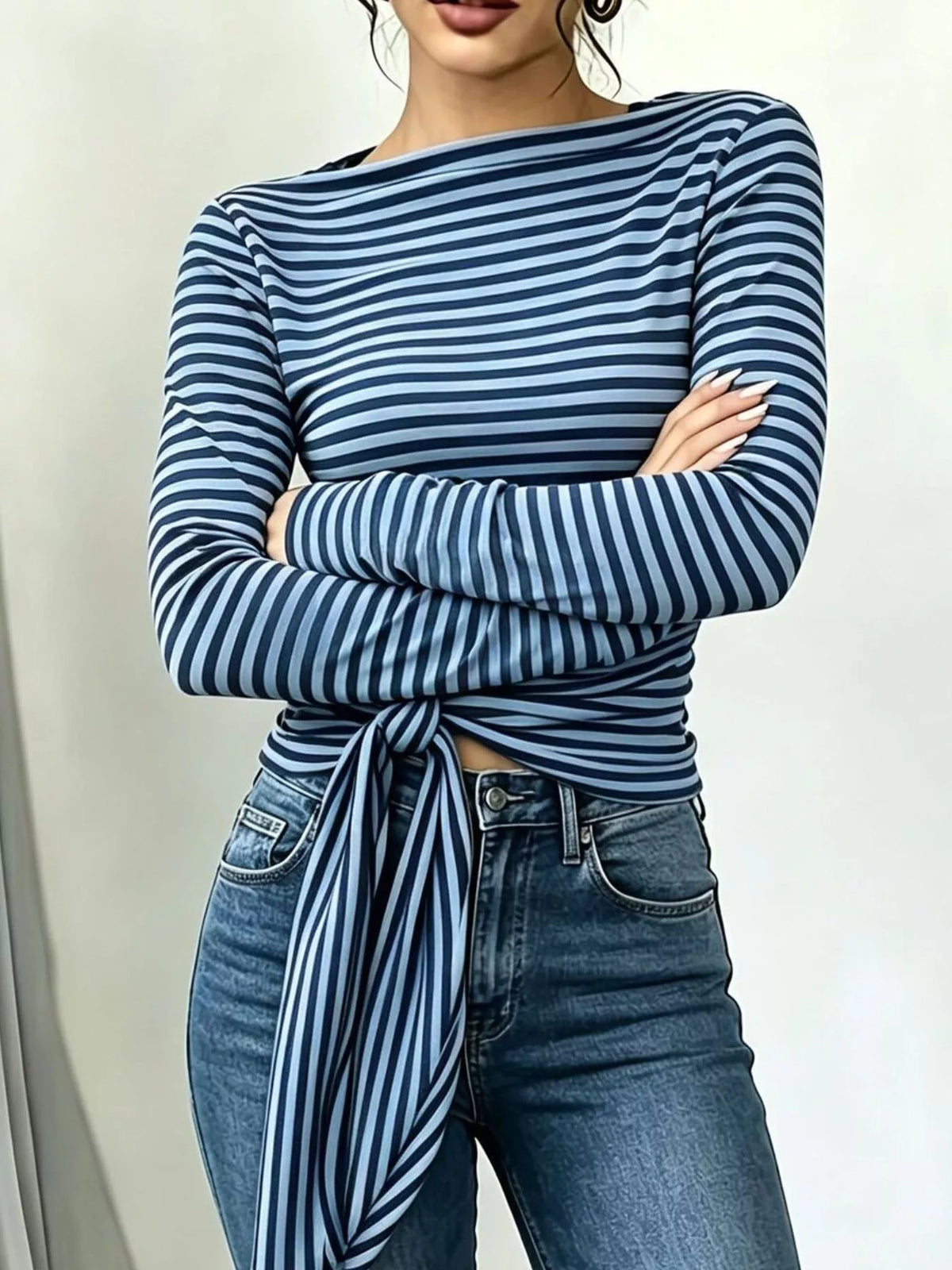 Women's Long Sleeve Striped T-Shirt with Front Tie Detail