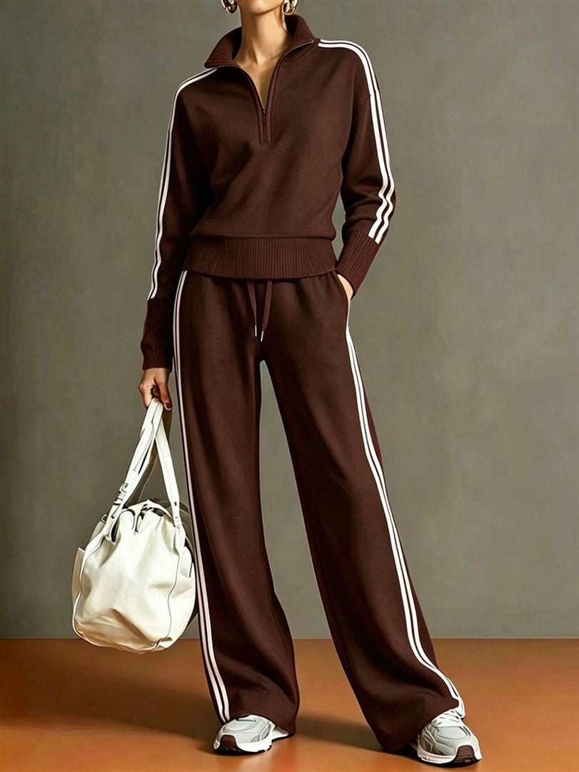 Women's 2 Piece Tracksuit Set, Half Zip Stand Collar Striped Long Sleeve Sweatshirt And Drawstring Wide Leg Pants Casual Outfit