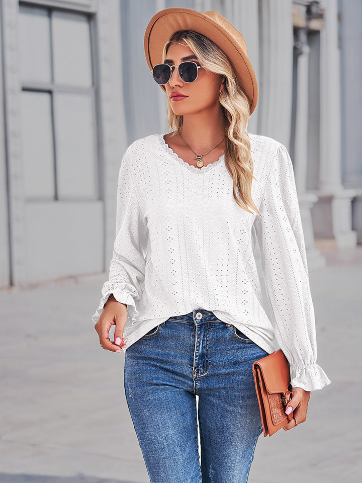 Women's Eyelet V-Neck Flounce Sleeve Blouse - White