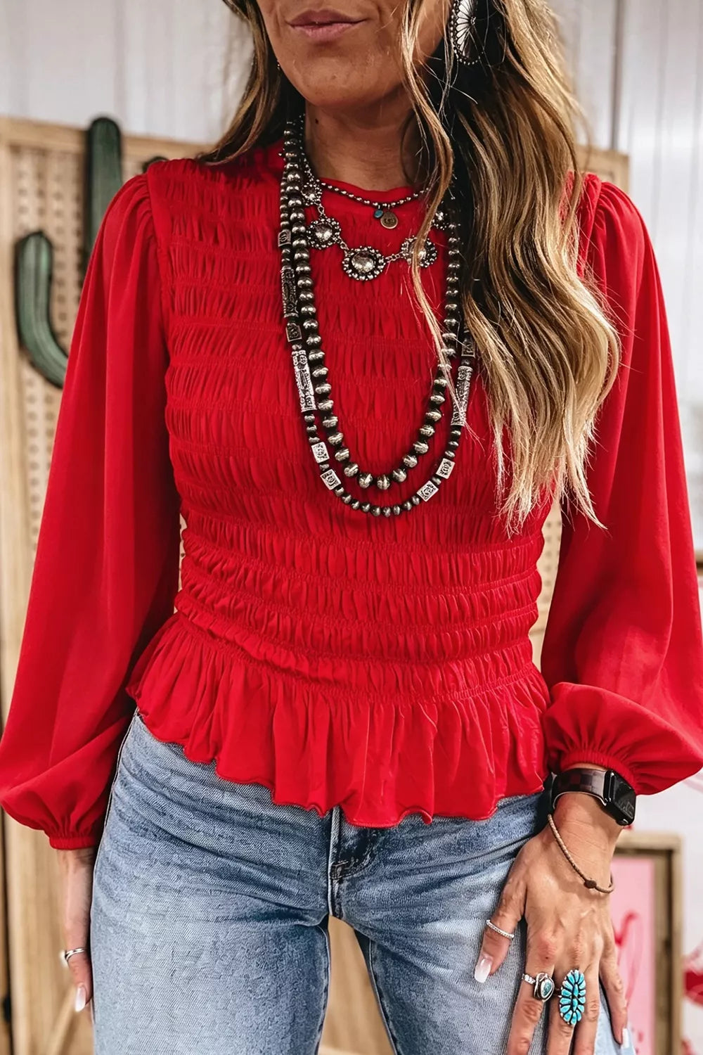 Women's Smocked Balloon Sleeves Peplum Blouse
