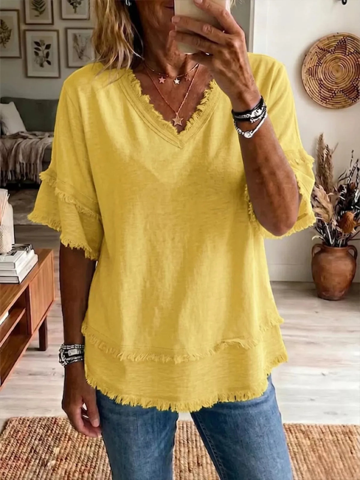 Full Size Frayed Edge V-Neck Blouse Plus Size