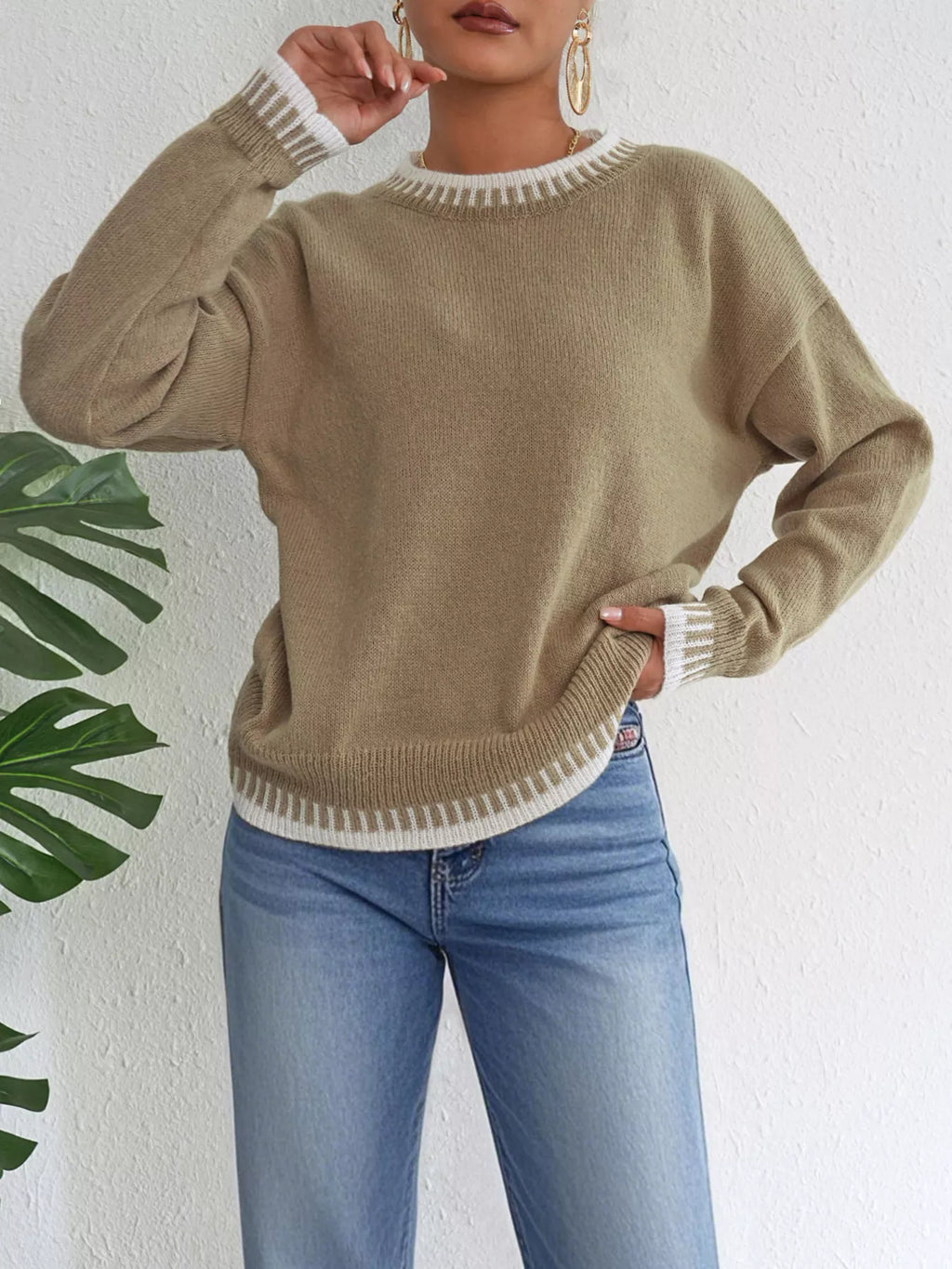 Women's Contrast Trim Crew Neck Drop Shoulder Sweater