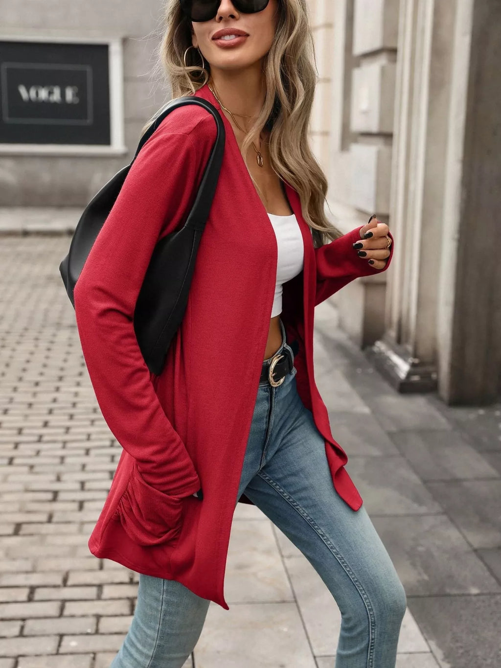Women's Ruched Pocket Open Front Cardigan