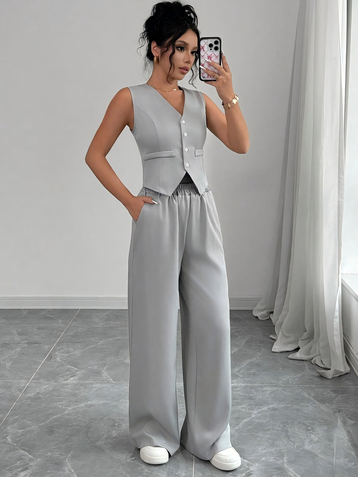 Women's Elegant Button Sleeveless Vest Trousers Set For Women, Spring Summer 2025