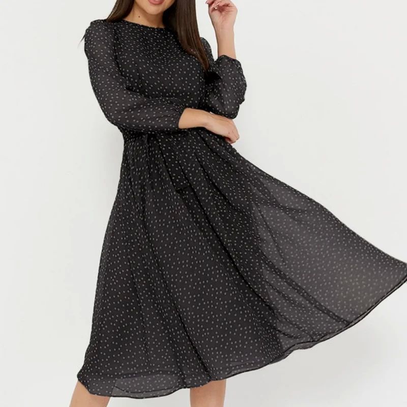 S Polka-dot Crewneck Long-sleeved Dress For Women