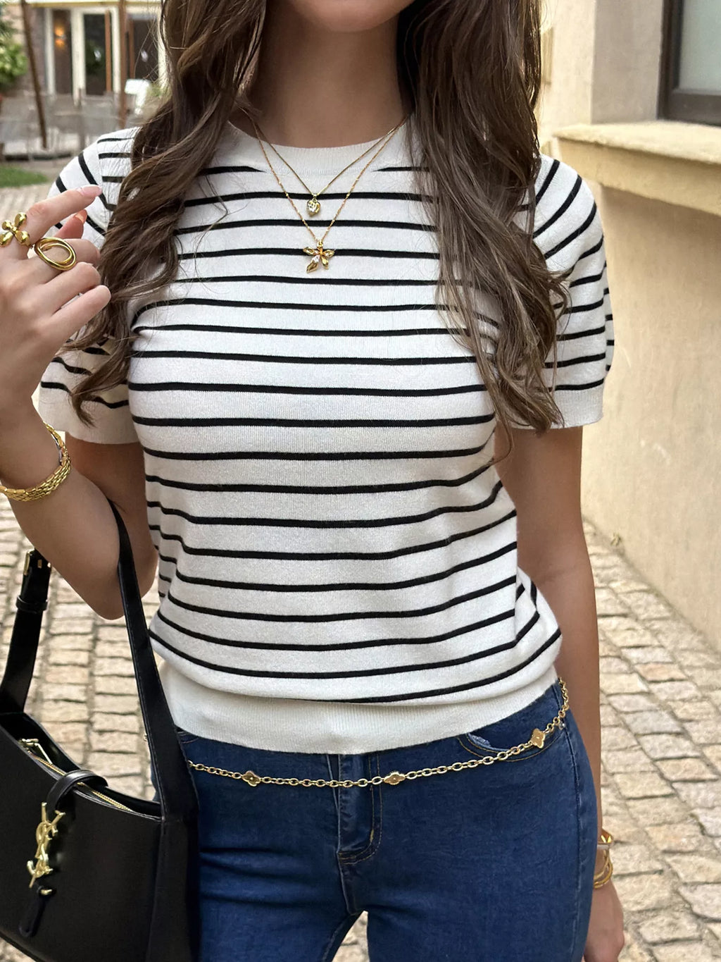Women's Black Striped Short-Sleeve Knit Top - Black