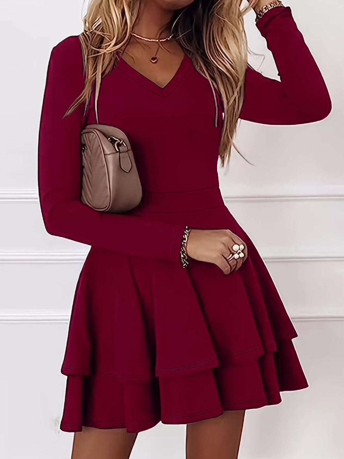 Women's V-Neck Long Sleeve Layered Ruffle Mini Dress - Burgundy
