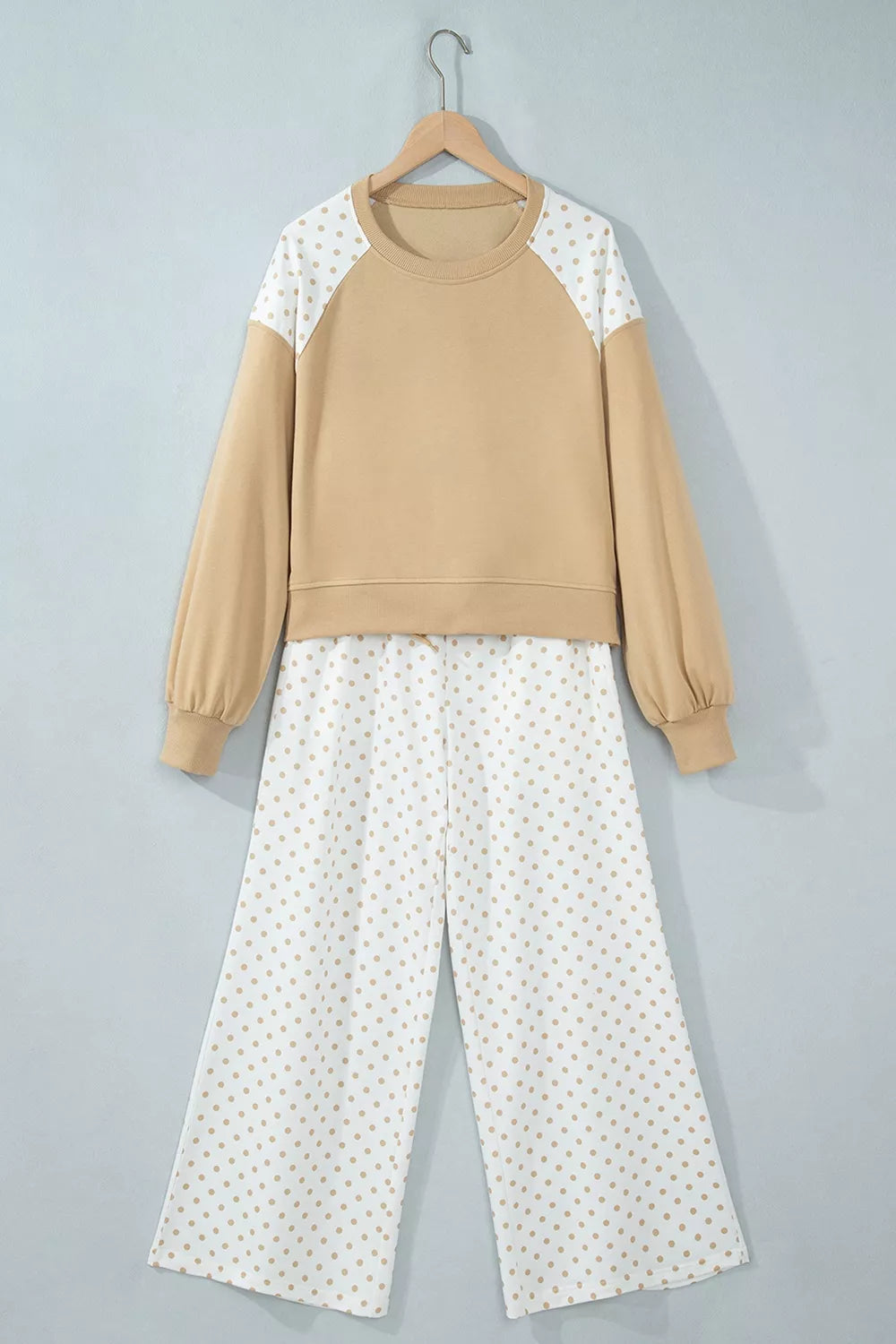 Women's Tan Polka Dot Patchwork Colorblock Long Sleeve Casual Two Piece Pants Set - Tan