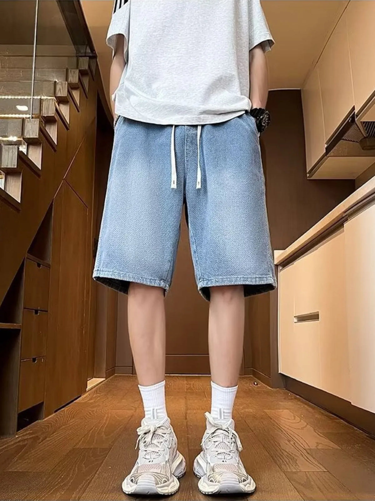 Men's Full Size Drawstring Wide Leg Denim Shorts Plus Size
