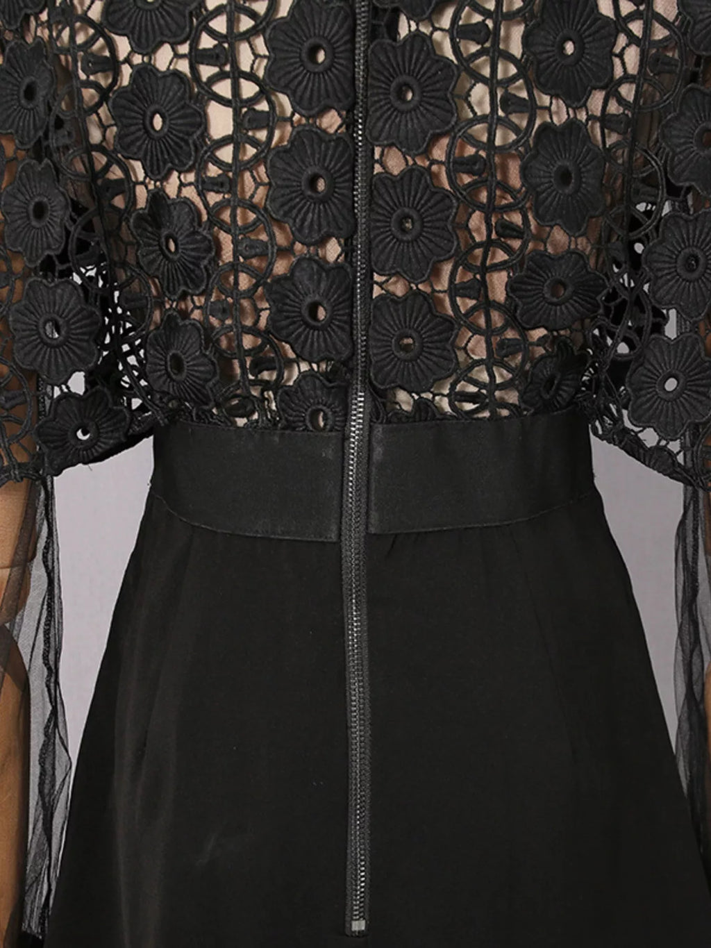 Women's Black Lace Sheer Sleeve Mini Dress - Black