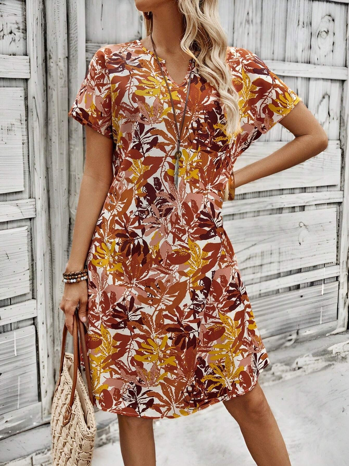 Hot Sale Dress Spring And Summer New Flower Printing Notch Neckline Dress