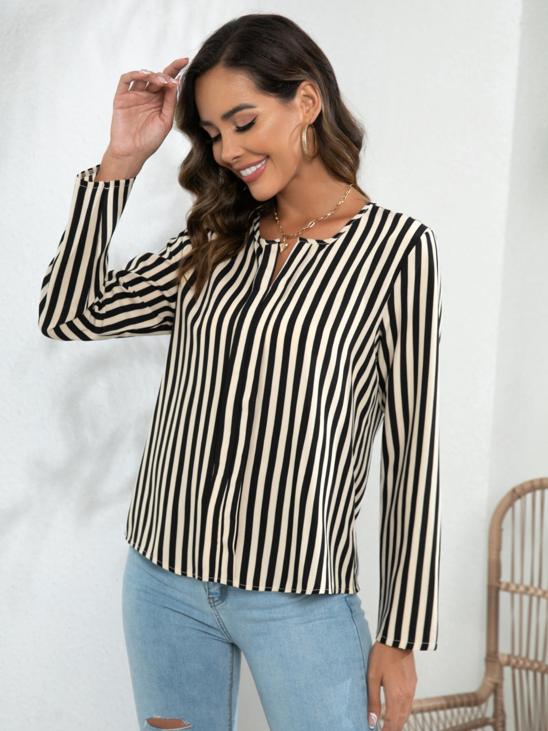 Women's Striped Long Sleeve Notched Blouse - Tan