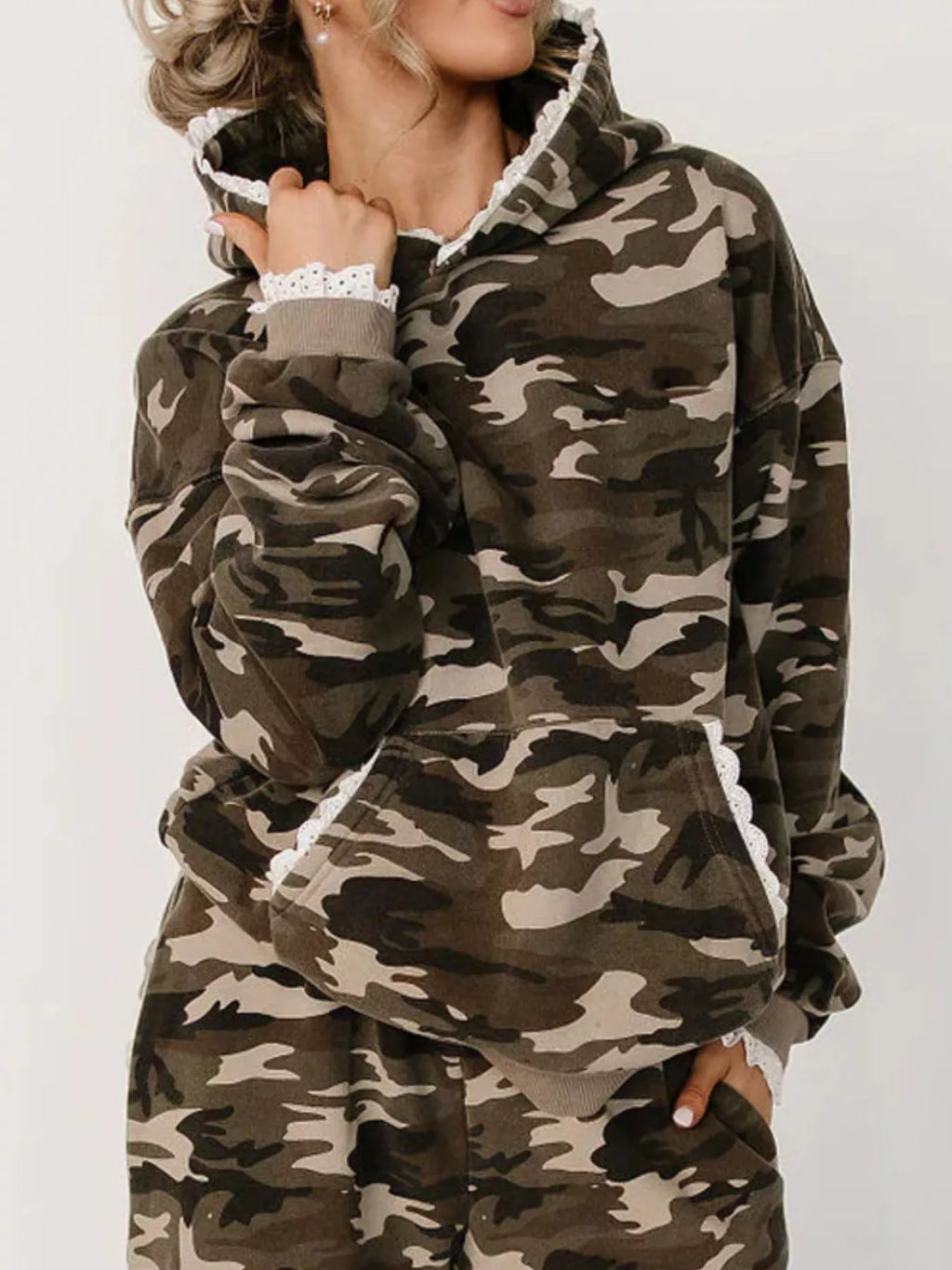 Women's Lace Trim Kangaroo Pocket Hoodie